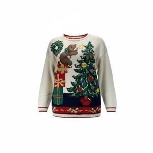 Vtg Casual Corner Christmas Sweater M Hand Knit Bear Tree Beaded Cottage Holiday